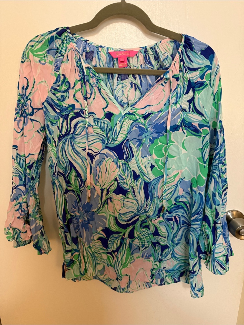 Lilly Pulitzer Floral V-Neck Tie Blouse in Multi Blue